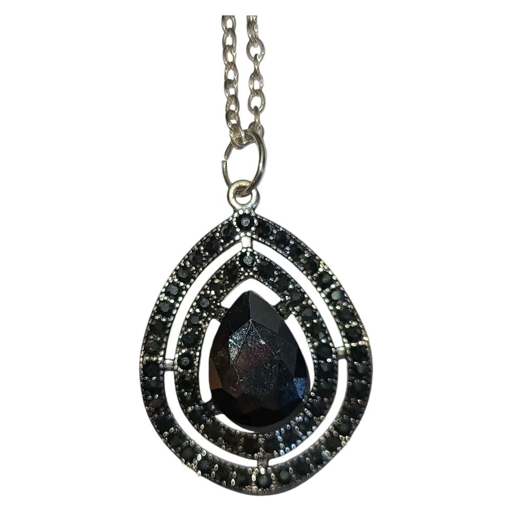 Silver Tone Marcasite Rhinestone Teardrop Pendant Necklace 22"‎